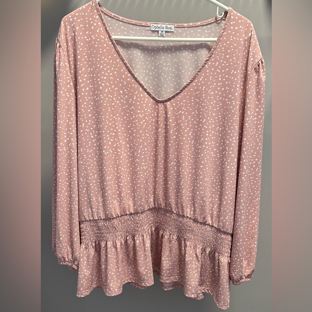 OPHELIA ROE size 3X, pink w/white polka dots, long sleeved, ruched waist, blouse